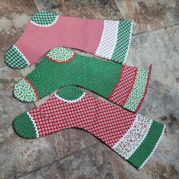 Christmas Stockings Set of 3 Cotton Fabric Festive Red White Green Patterns - Picture 10 of 10